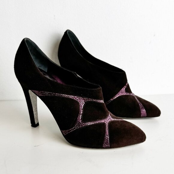 RENE CAOVILLA Ankle Boots in burgundy aubergine Suede and Rhinestones Size 37.5 - Picture 2 of 8